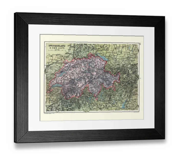 Framed Print : Antique Map of Switzerland and the Alps, 19th Century Framed Print : Antique Map of Switzerland and the Alps, 19th Century