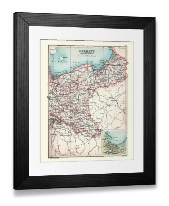Framed Print : Antique Map of Germany, Eastern section, detail of Gulf of Danzig, 19th Century Framed Print : Antique Map of Germany, Eastern section, detail of Gulf of Danzig, 19th Century