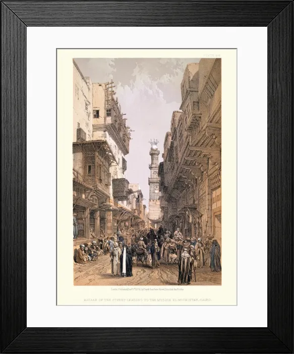 Framed Print : Bazaar of the street leading to the Mosque El Mooristan, Cairo, 19th Century Framed Print : Bazaar of the street leading to the Mosque El Mooristan, Cairo, 19th Century