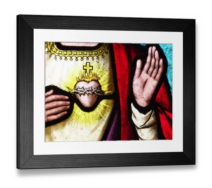Framed Print : Heart and hands of Jesus Christ on an old stained glass Framed Print : Heart and hands of Jesus Christ on an old stained glass