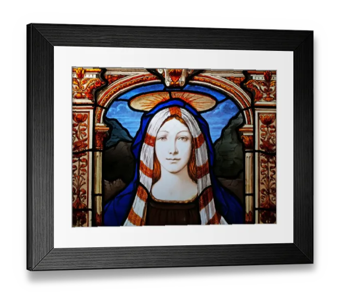 Framed Print : Saint Mary veiled and crowned on an abandoned stained glass window Framed Print : Saint Mary veiled and crowned on an abandoned stained glass window