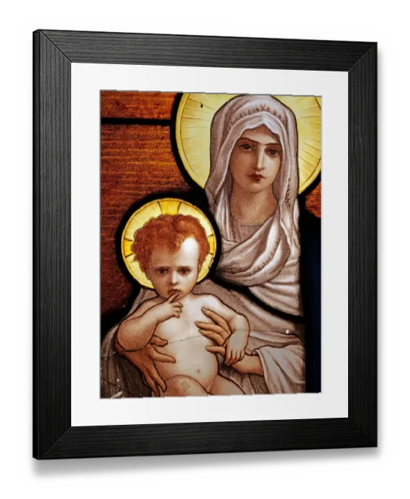 Framed Print : Antique broken and patinated stained glass window of Saint Mary and Jesus naked Framed Print : Antique broken and patinated stained glass window of Saint Mary and Jesus naked