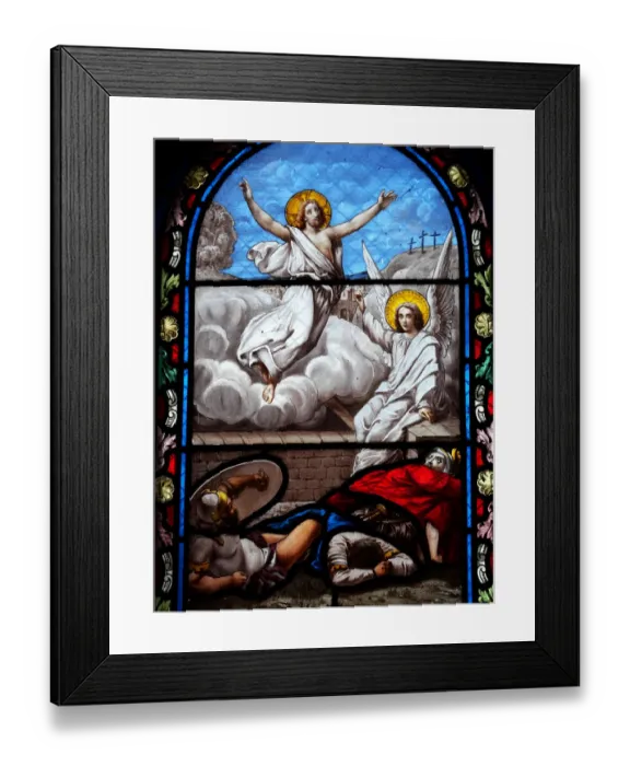 Framed Print : Biblical scene of the resurrected Jesus Christ on an antique stained glass window Framed Print : Biblical scene of the resurrected Jesus Christ on an antique stained glass window