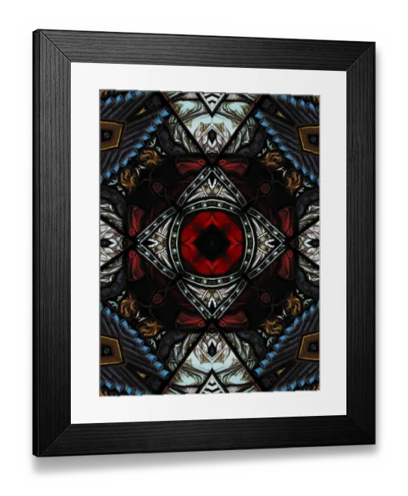 Framed Print : Abstract image: kaleidoscopic image of a colored stained glass window inside a church Framed Print : Abstract image: kaleidoscopic image of a colored stained glass window inside a church