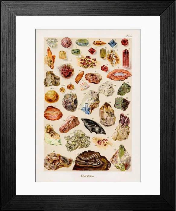 Framed Print : Gemstones and minerals Chromolithography 1899 Framed Print : Gemstones and minerals Chromolithography 1899