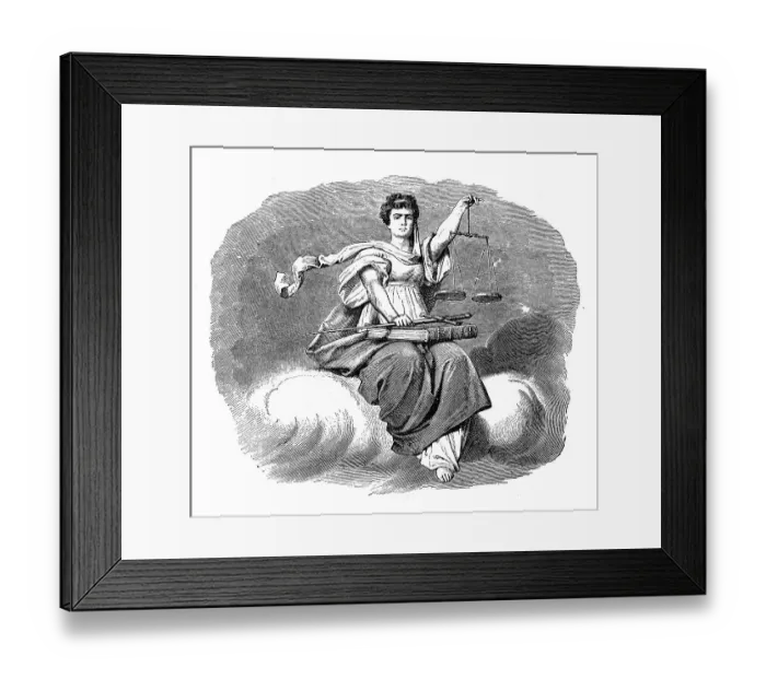 Framed Print : Lady Justice - woman with scale and sword engraving 1892