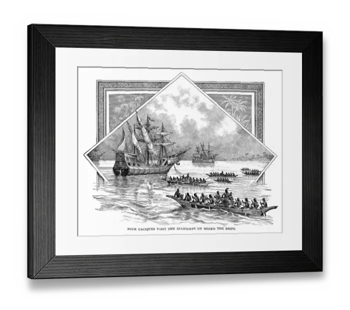 Framed Print : Caciques visits spaniards on board engraving 1892 Framed Print : Caciques visits spaniards on board engraving 1892