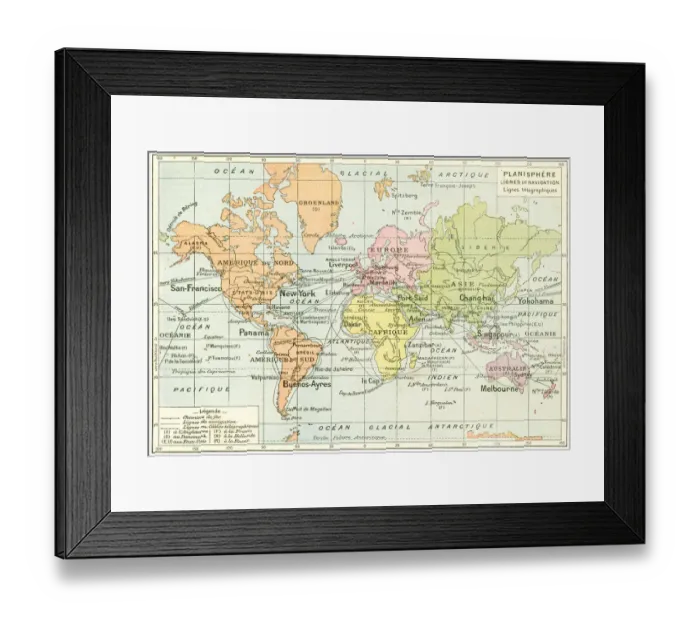 Framed Print : Navigation and telegraphy lines map 1887 Framed Print : Navigation and telegraphy lines map 1887