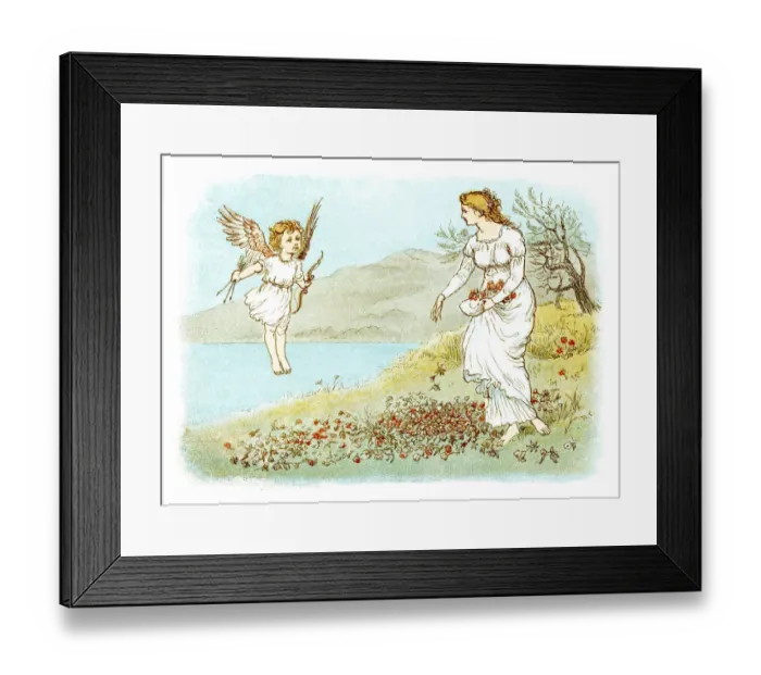 Framed Print : Cupid appearing to a young woman who is scattering flowers on the ground Framed Print : Cupid appearing to a young woman who is scattering flowers on the ground