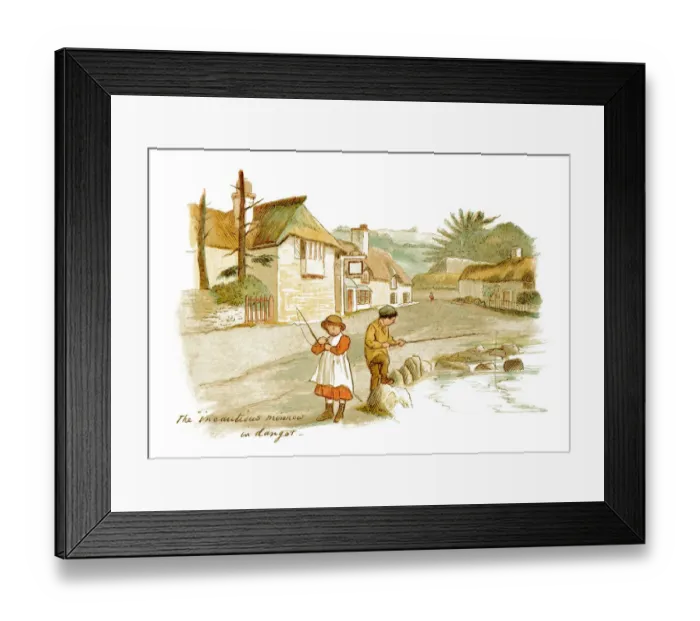 Framed Print : Two Victorian children fishing in a village duck pond Framed Print : Two Victorian children fishing in a village duck pond