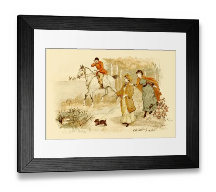 Framed Print : Two Victorian ladies encountering a huntsman on his horse Framed Print : Two Victorian ladies encountering a huntsman on his horse