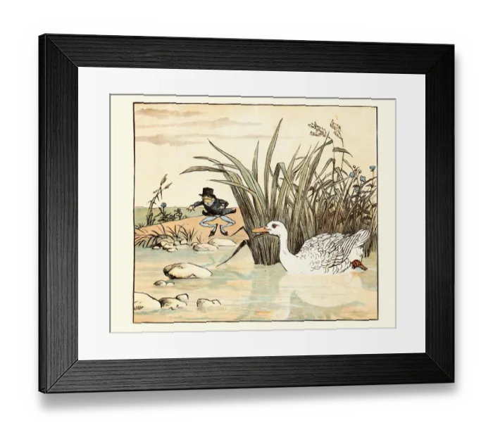 Framed Print : Frog He Would A-Wooing Go, nursery rhyme, A lily white duck came along and gobbled him up Framed Print : Frog He Would A-Wooing Go, nursery rhyme, A lily white duck came along and gobbled him up
