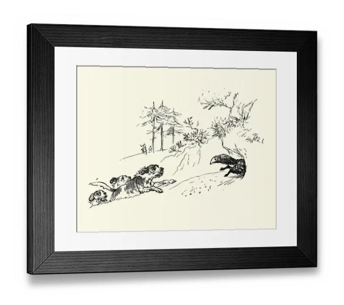 Framed Print : Hounds chasing fox down a hole, Fox hunting Framed Print : Hounds chasing fox down a hole, Fox hunting