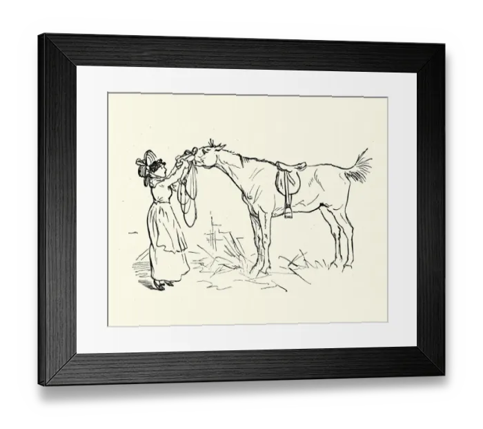 Framed Print : Young woman putting a harness on a horse, Victorian Framed Print : Young woman putting a harness on a horse, Victorian