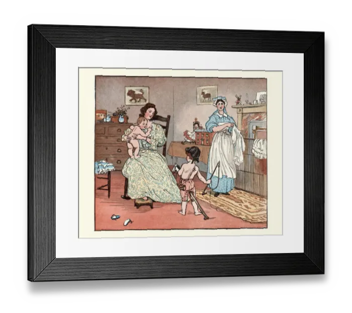 Framed Print : Mother, nanny dressing baby in the nursery, boy playing with Hobby horse, Victorian Framed Print : Mother, nanny dressing baby in the nursery, boy playing with Hobby horse, Victorian