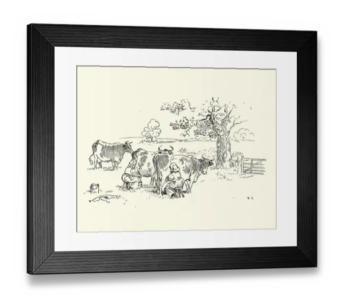Framed Print : Milkmaids milking cows in the field, Victorian, 19th Century Framed Print : Milkmaids milking cows in the field, Victorian, 19th Century