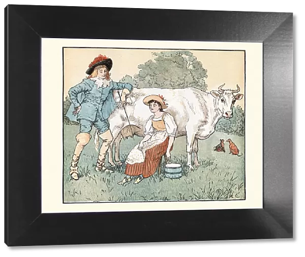 The milkmaid milking to cow with the young squire