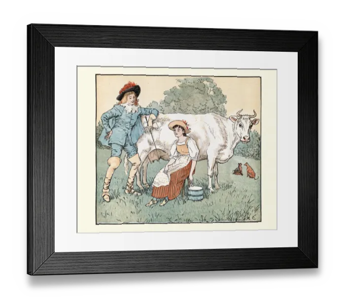 Framed Print : The milkmaid milking to cow with the young squire Framed Print : The milkmaid milking to cow with the young squire