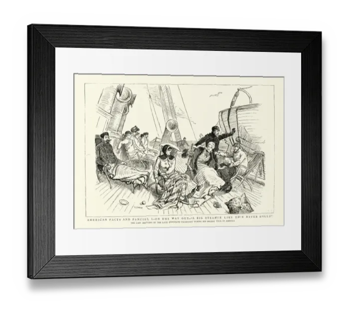 Framed Print : Comic sketch of passengers travelling to America on a steamer 1880s Framed Print : Comic sketch of passengers travelling to America on a steamer 1880s