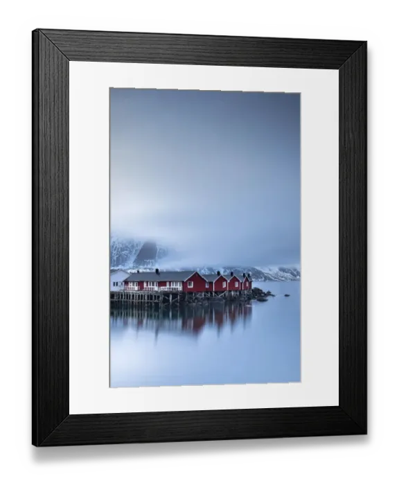 Framed Print : Rorbuer cabins from Hamnoy by the fjord, Hamnoey, Moskenesoeya, Lofoten, Norway