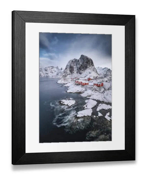 Framed Print : Rorbuer fishermens cabins on the snowy fjord, village view of the fishing village Hamnoy Framed Print : Rorbuer fishermens cabins on the snowy fjord, village view of the fishing village Hamnoy