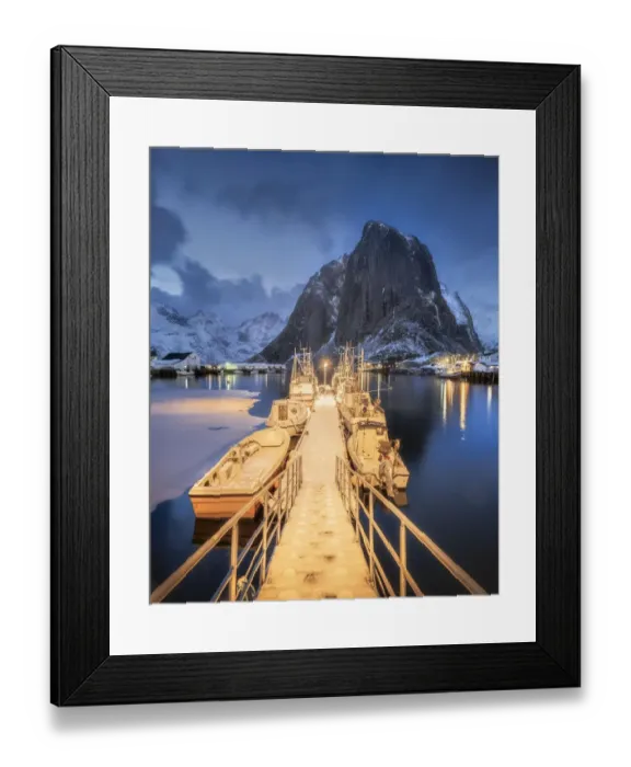 Framed Print : Illuminated landing stage, jetty at the harbour of the fishing village Hamnoy Polar Night Framed Print : Illuminated landing stage, jetty at the harbour of the fishing village Hamnoy Polar Night