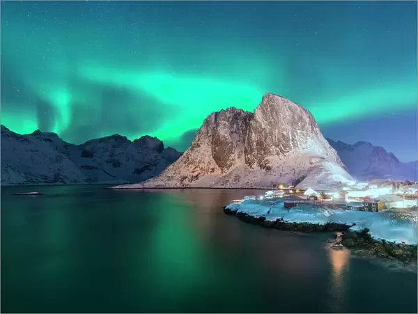 Northern Lights on Hamnoy village, Norway