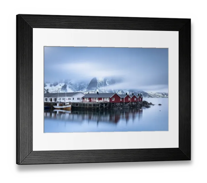 Framed Print : Rorbuer cabins from Hamnoy by the fjord, Hamnoey, Moskenesoeya, Lofoten, Norway