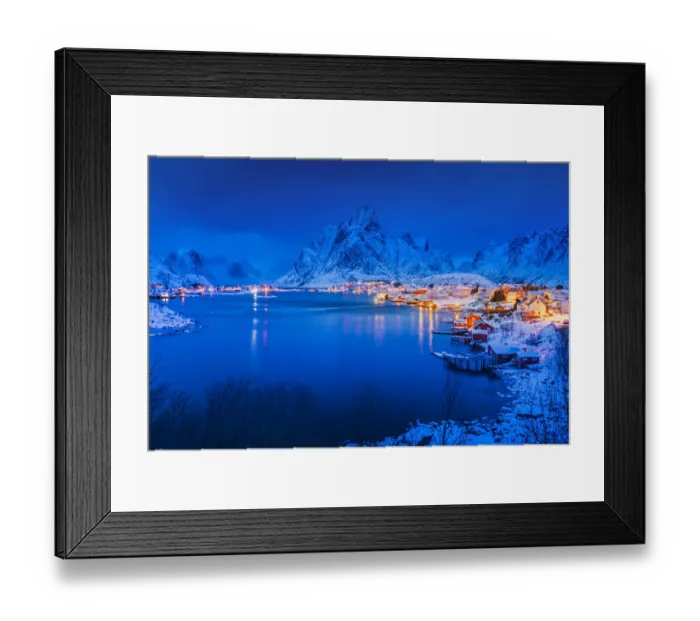 Framed Print : Twilight time of Idyllic coastal village at Reine in winter, Norway Framed Print : Twilight time of Idyllic coastal village at Reine in winter, Norway