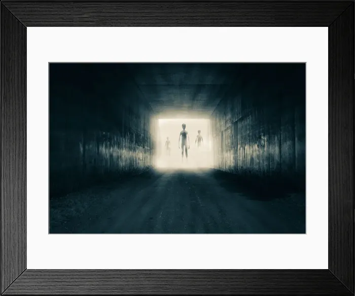 Framed Print : A group of aliens emerging from the light at the end of a dark sinister tunnel Framed Print : A group of aliens emerging from the light at the end of a dark sinister tunnel