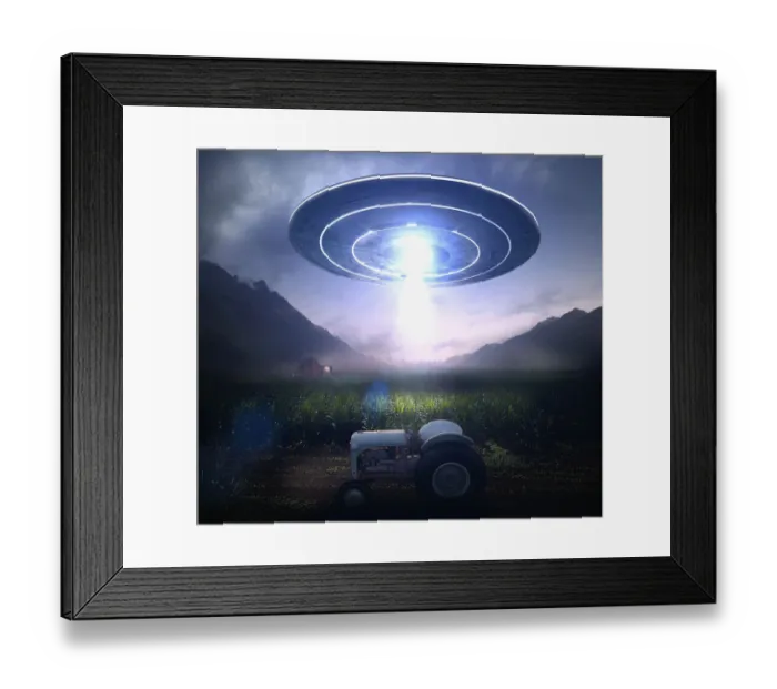 Framed Print : Beam from UFO over tractor at farm Framed Print : Beam from UFO over tractor at farm
