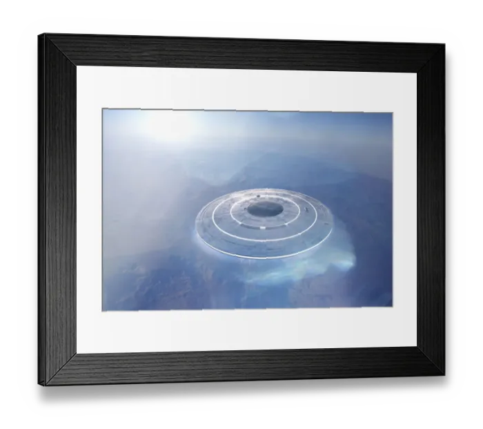 Framed Print : Circular UFO flying over mountain landscape Framed Print : Circular UFO flying over mountain landscape