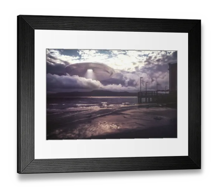 Framed Print : Alien space ship through the clouds, illustration Framed Print : Alien space ship through the clouds, illustration