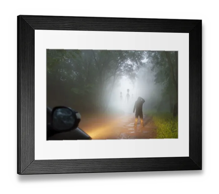 Framed Print : A science fiction concept of a man looking at aliens coming out the mist on a foggy Framed Print : A science fiction concept of a man looking at aliens coming out the mist on a foggy
