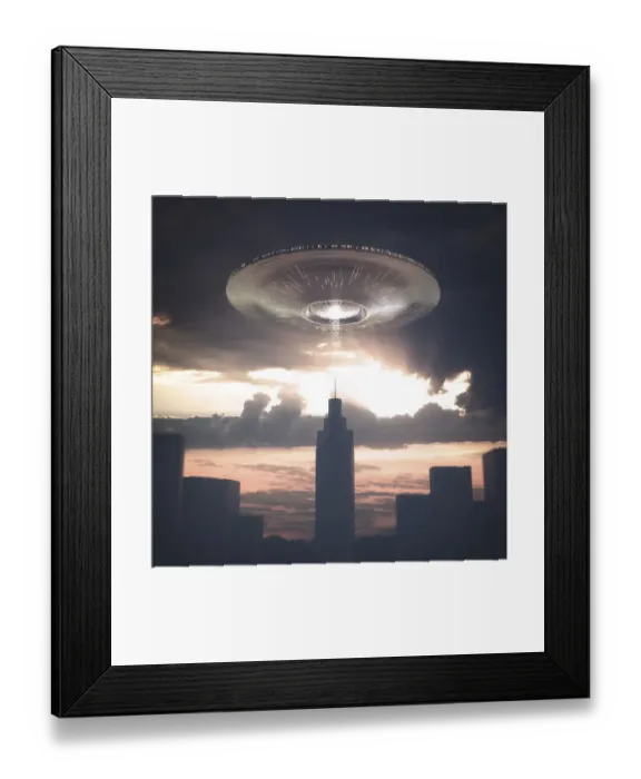 Framed Print : UFO above skyscraper, illustration Framed Print : UFO above skyscraper, illustration