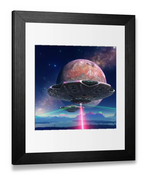 Framed Print : Spaceship firing on alien planet, illustration Framed Print : Spaceship firing on alien planet, illustration