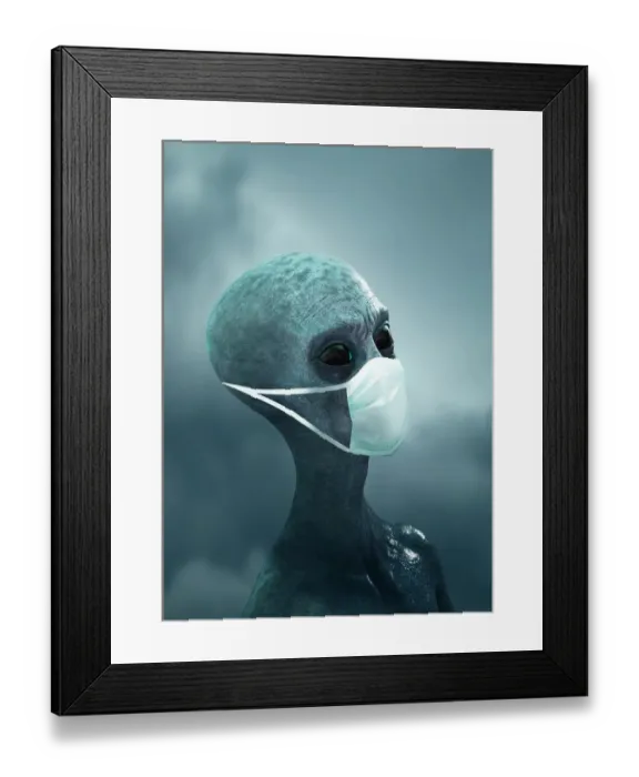 Framed Print : Alien wearing a face mask, illustration Framed Print : Alien wearing a face mask, illustration