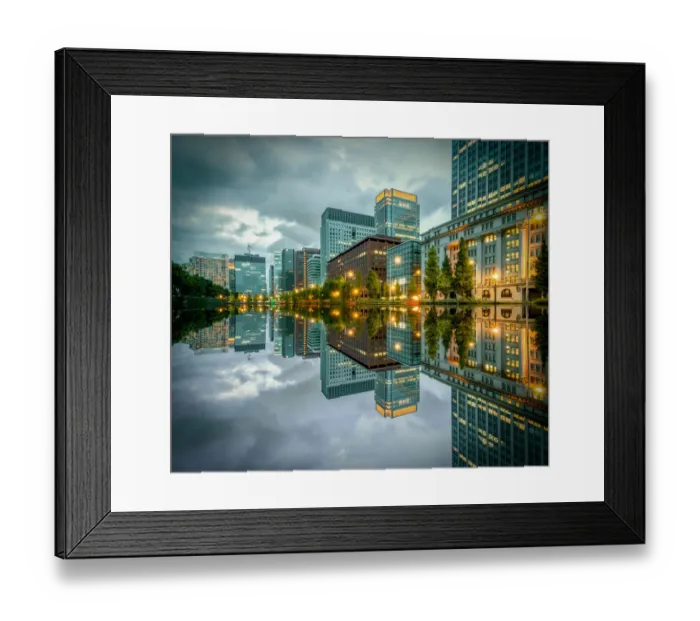Framed Print : Tokyo Cityscape with skyscrapers and office buildings illuminated reflection in Hibiya Framed Print : Tokyo Cityscape with skyscrapers and office buildings illuminated reflection in Hibiya