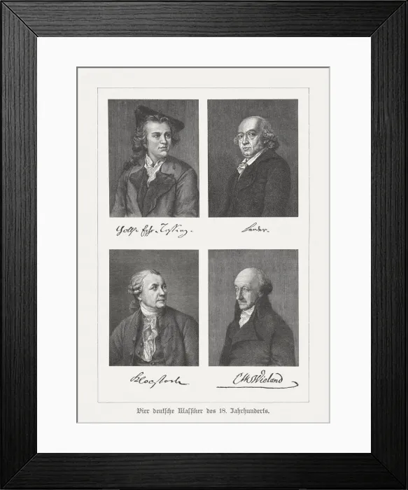 Framed Print : Four German classic writers, 18th century, wood engravings, published 1897 Framed Print : Four German classic writers, 18th century, wood engravings, published 1897