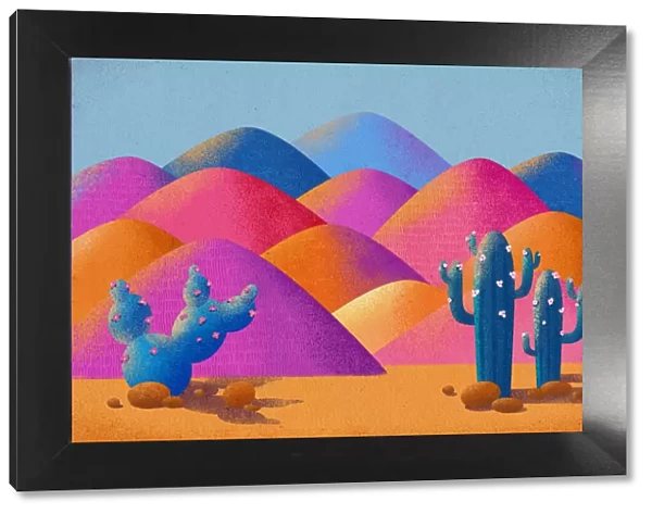 Illustration Vibrant Idyllic Desert Landscape with Saguaro Cactus