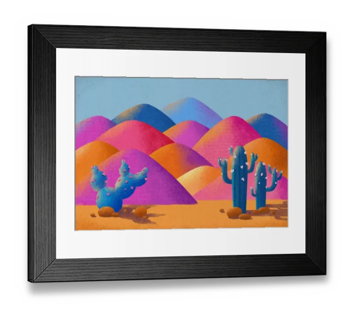 Framed Print : Illustration Vibrant Idyllic Desert Landscape with Saguaro Cactus Framed Print : Illustration Vibrant Idyllic Desert Landscape with Saguaro Cactus