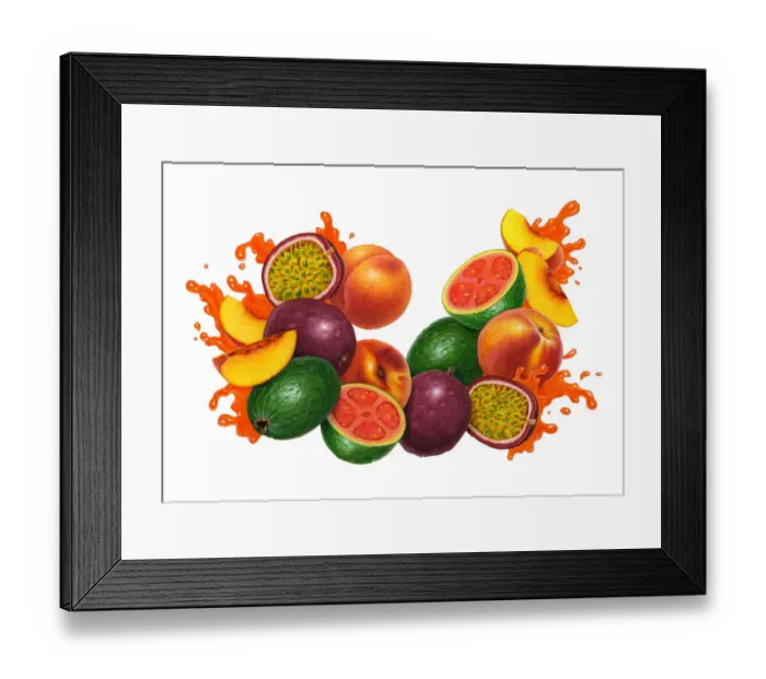 Framed Print : Peach, Guava, & Passion Fruit Splash Framed Print : Peach, Guava, & Passion Fruit Splash