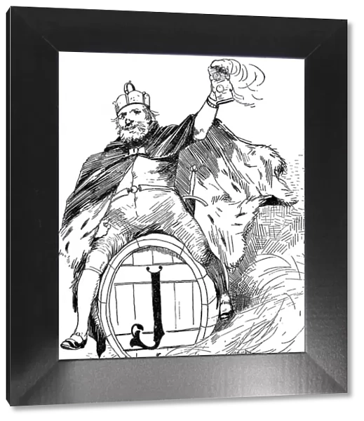 Gambrinus symbol, king and founder of beer brewing, riding on a barrel