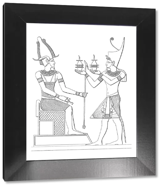 Ancient egyptian King Seti I offering to goddess Osiris