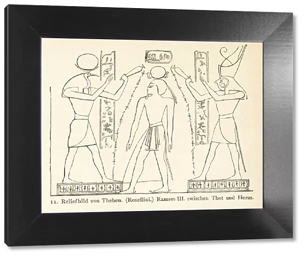 relief sculpture of Ramses III with inbetween Thoth and Horus