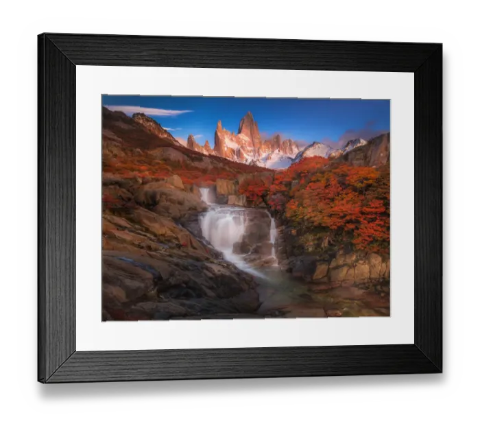 Framed Print : Autumn view of cascade in Patagonia with Mount Fitzroy background Framed Print : Autumn view of cascade in Patagonia with Mount Fitzroy background