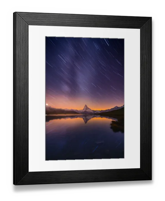 Framed Print : Startrail at Stellisee lake with Matterhorn background Framed Print : Startrail at Stellisee lake with Matterhorn background