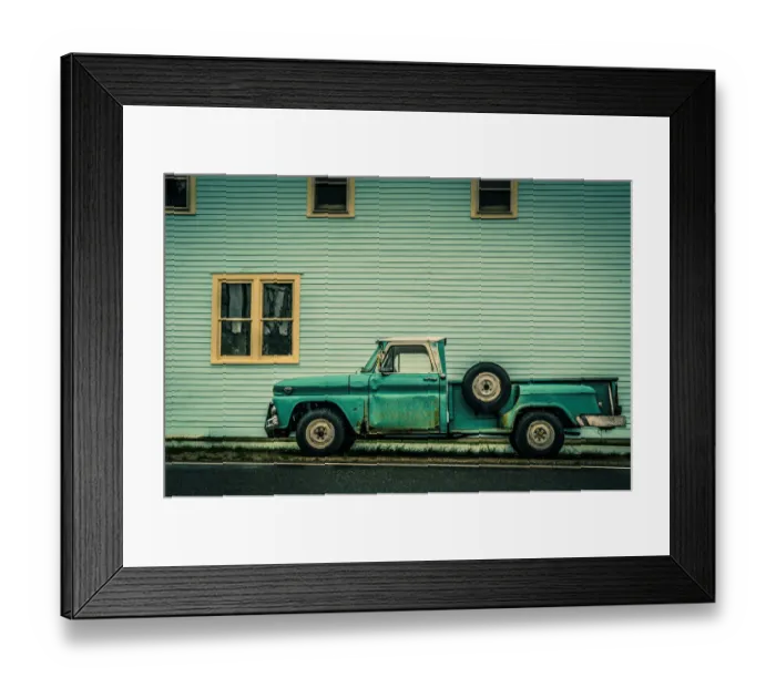 Framed Print : Old Green Truck against Green Building Framed Print : Old Green Truck against Green Building