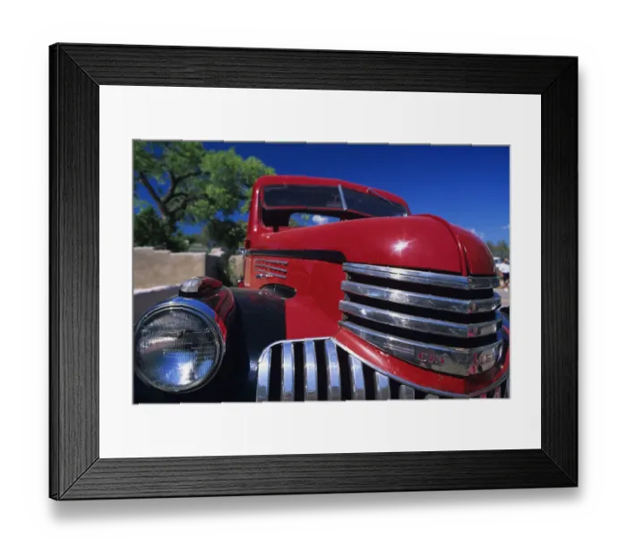 Framed Print : Close up of front of red classic car, New Mexico, USA