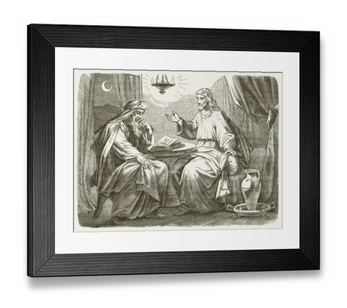 Framed Print : Conversation with Nicodemus (John 3), wood engraving, published in 1877 Framed Print : Conversation with Nicodemus (John 3), wood engraving, published in 1877